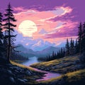 8-bit Landscape: A Sublime Wilderness Of Purple And Red Tones