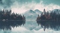 Vintage Aesthetic: Serene Faces In A Beautiful Scene Of Mountains And Trees On Water