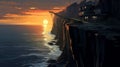 Majestic Sunset House On Cliff: Realistic Perspective Artwork