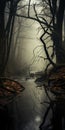 Misty Gothic Landscapes: Dark And Luminous Tree Branches Over Waterway