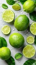 Fresh Limes With Leaves and Water Droplets on a White Surface. Generative AI.