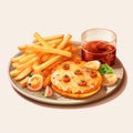Digital Painting Of French Fries And Hamburger Plate