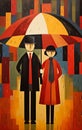 Quirky Couple Under Umbrella: A Fusion Of Aaron Jasinski And De Stijl