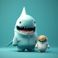 Cute Cartoonish 3d Rendered Shark Man And Baby On Blue Background