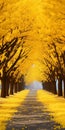 Joyful Celebration Of Nature: Fanciful Yellow Trees On A Sidewalk