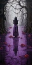 Macabre Illustration Of A Woman In A Purple Dress Standing In Water