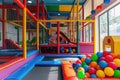 This photo showcases an energetic indoor play space adorned with a plethora of vibrant balls for children to enjoy, A brightly