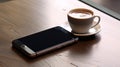 Sleek Metallic Finish Smartphone And Coffee On Wooden Table