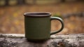 Green Mug On Log In Woods: Dark Brown And Dark Beige Matte Photo Royalty Free Stock Photo