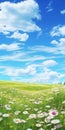 Anime-inspired Meadow Scenery With Daisies And Blue Sky