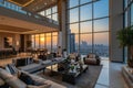 This photo showcases a generously sized living room that is fully furnished and features a large window, An upscale penthouse with