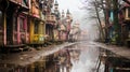 Abandoned Theme Park: Wooden Houses In The Style Of Matthias Haker And Misty Gothic Scenes