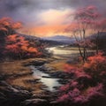 Pastel Landscape Painting: Linnean Valley View In The Evening Royalty Free Stock Photo