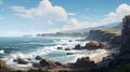 Rocky Coastline Painting In The Style Of 2d Game Art