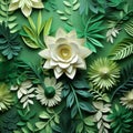 Intricate Paper Art: Floral Rose And Leaves On Green Background