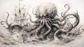 Vintage Octopus And Ship Drawing In The Style Of Dustin Nguyen