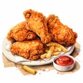 Illustrated Fried Chicken With Poured Ketchup - Highly Detailed Realism