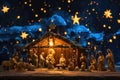 This photo showcases a nativity scene that depicts the birth of Jesus, A beautiful Christmas nativity scene in a glistening night Royalty Free Stock Photo