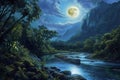 This photo showcases a painting featuring a river and a full moon, with factual representation and detailed brushwork, Bright