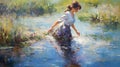 Impressionist Painting: Serene Peasant Girl Walking In A Stream