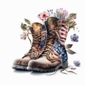 Retro American Veteran Boots with Flag, Flowers, Florals, Isolated on White Background - Generative AI