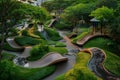 This photo showcases a park with a slide and a play area, providing recreational opportunities for children, A playground overcome Royalty Free Stock Photo