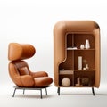 Sculptural Leather Chair With Bookcase: Minimalistic And Elegant Furniture Royalty Free Stock Photo