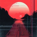 Red Abstract Poster With Sci-fi Landscape And Synthpunk Vibes