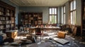 Renovation Needed: Study Room With Broken Bookcase In Old Schoolroom