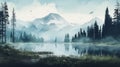 Serene Lake And Misty Mountains: A Spatial Concept Art Masterpiece Royalty Free Stock Photo