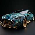 Elaborate Blue And Gold Sports Car With Zbrush Style Decoration