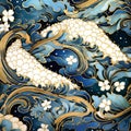 Blue And Gold Wave Pattern With Intricate Floral Details