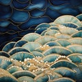 Whimsical Art Deco-inspired Gold And Blue Wave Painting