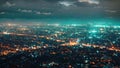 This photo showcases a stunning aerial view of a city at night, captured from the elevated vantage point of a hilltop, Sky view of