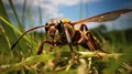 Giant Wasp In Grass: Photorealistic Dark Yellow And Light Orange Art