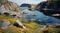 Whimsical Coastal Views: A Dreamlike Stretch Of Rocky Coastline Covered In Yellow Flowers Royalty Free Stock Photo