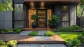 Welcome to Your Stylish Suburban Oasis: A Serene Entrance with Lush Greenery and a Charming Wooden Path