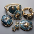 Gold And Blue Jewelry Set Inspired By Vladimir Kush And Japanese Traditional Art