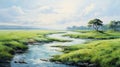 Pastel Landscape Painting: Grassy River Scene With Accurate Ornithological Details