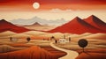 Minimalist Landscape Painting Red Mountains Against A Desert Sky