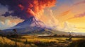 Delicately Rendered Volcano Painting With Dramatic Skies And Nature-inspired Imagery