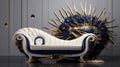 Conceptual Elegance: Blue And White Sofa With Peacock Sculpture