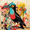 Vibrant Bird Painting With Colorful Tassels And Abstract Background