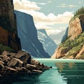 Rocky Mountain Fjord: Detailed Art With Flat Colors And Monumental Murals
