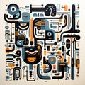 Mechanized Abstraction: A Playful Doodle Poster With Aztec Art Influence