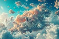 This photo showcases a vibrant sky adorned with numerous clouds, creating a captivating visual display, A whimsical, fantasy image