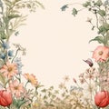 Romantic Watercolor Frame With Flowers And Wild Grasses Royalty Free Stock Photo