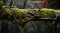 Atmospheric Woodland Imagery: Moss And Leaves On A Branch