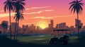 Vintage Travel Poster: Golf Cart In Sunset Cityscape