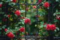 A photo showcasing a bunch of roses growing beautifully on a fence, A hidden garden full of blooming red roses behind an ornate Royalty Free Stock Photo